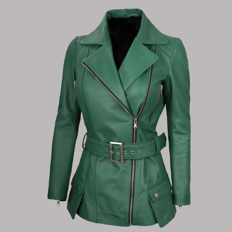 Women Asymmetrical Belted Leather Jacket - Image 2
